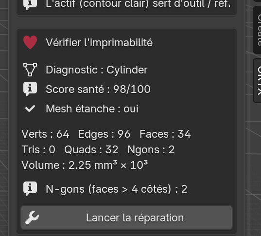 Carte diagnostic Oryx CAD : score santé, mesh étanche, réparation