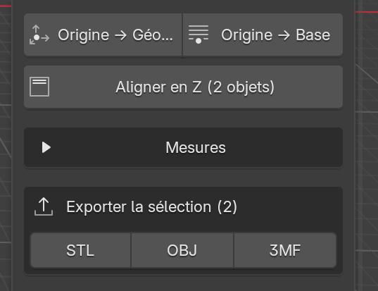 Carte Exporter la sélection : STL, OBJ, 3MF, avec Origine et Aligner en Z